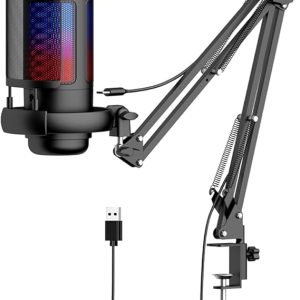 ME6S Gaming Microphone, USB Computer Recording Microphone, Anti-Spit Net Set of RGB Lights, Microphone Stand