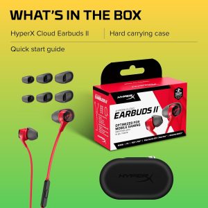 HyperX Cloud Earbuds II 14mm Drivers, Four Eartips, Hard-Shell Carrying Case, Low-Profile 90° Plug, 3.5mm Plug, Built-in Microphone, Multi-Function Button