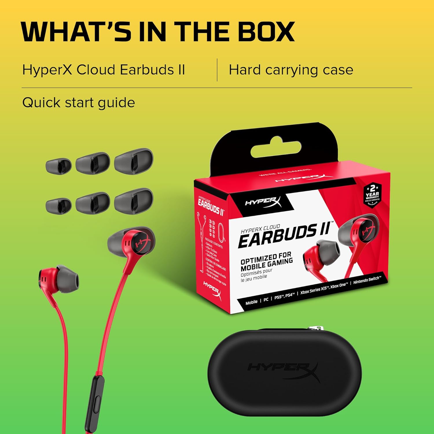 HyperX Cloud Earbuds II 14mm Drivers, Four Eartips, Hard-Shell Carrying Case, Low-Profile 90ยฐ Plug, 3.5mm Plug, Built-in Microphone, Multi-Function Button