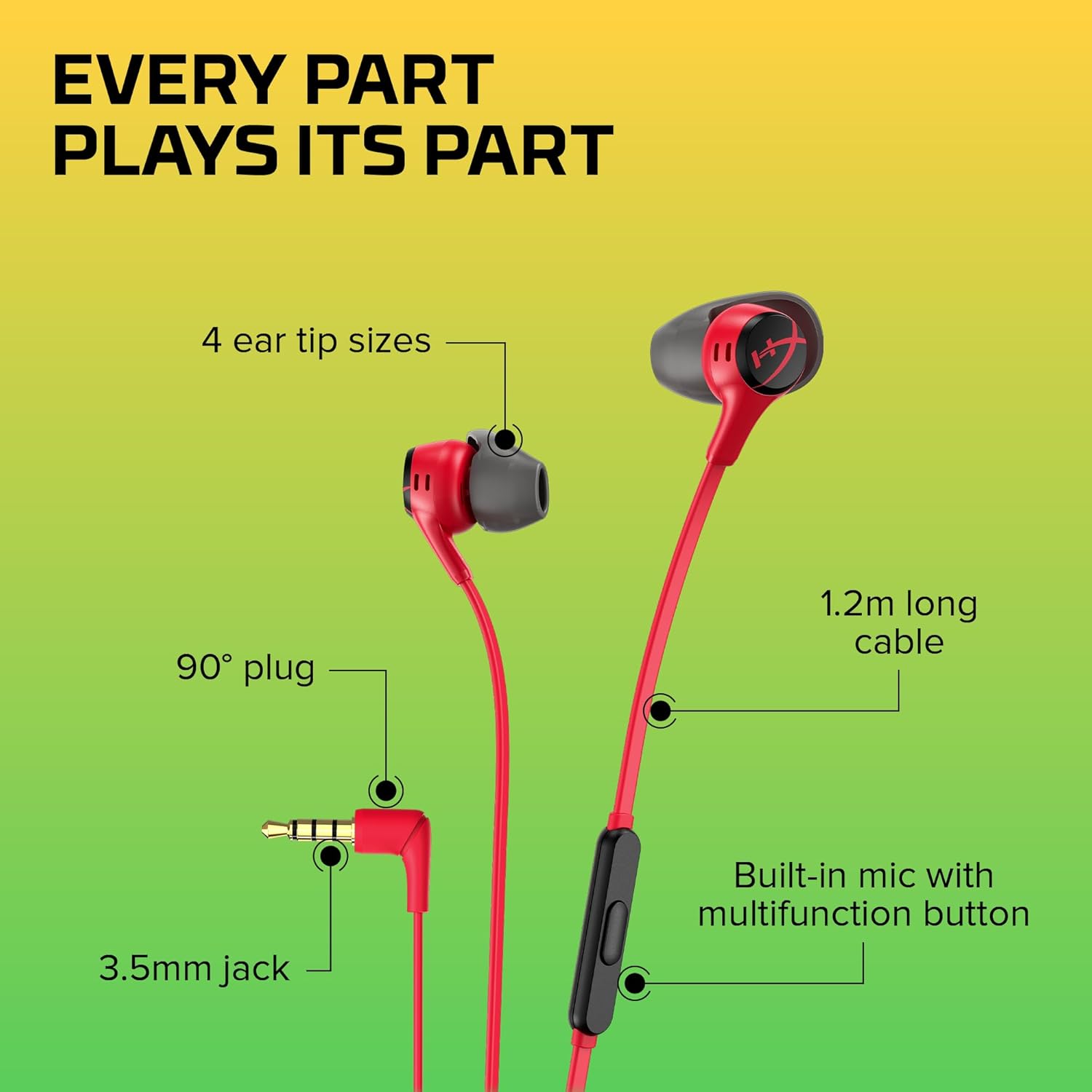 HyperX Cloud Earbuds II 14mm Drivers, Four Eartips, Hard-Shell Carrying Case, Low-Profile 90ยฐ Plug, 3.5mm Plug, Built-in Microphone, Multi-Function Button - Image 6